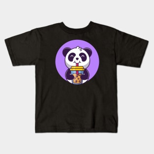 Cute Panda Drinking Boba Milk Tea Cartoon Kids T-Shirt